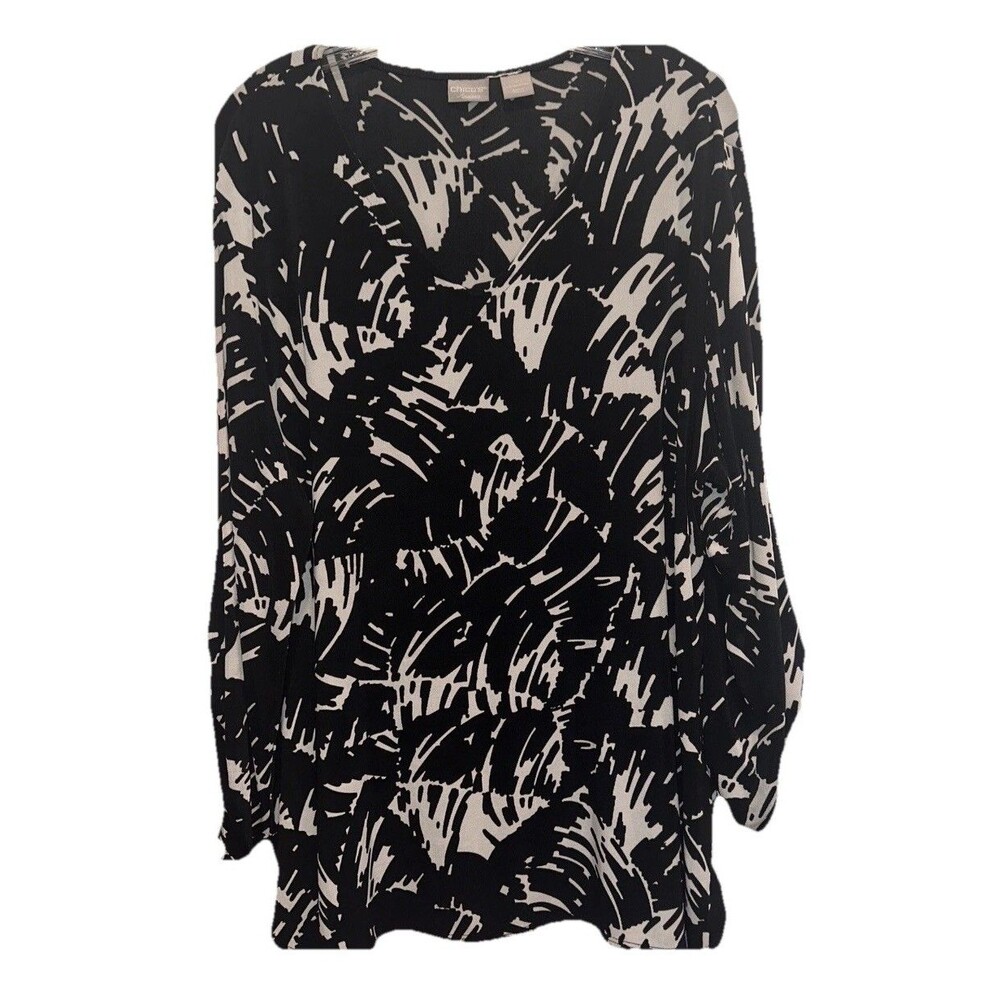Chicos Travelers Size XXL Womens Long Sleeve Blouse Black V Neck Mature Pullover